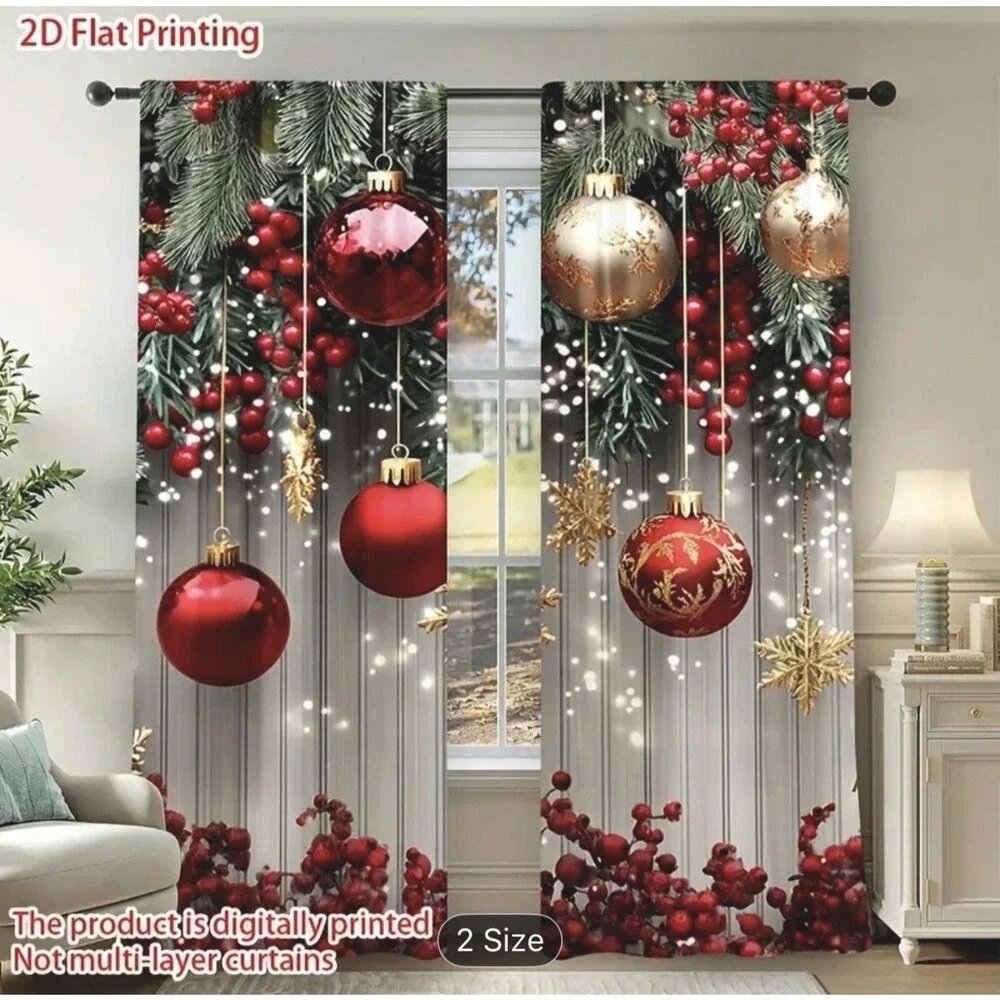 Christmas Ball Holiday Printed Curtains 2 Pieces Xmas Print Curtains Room Decor